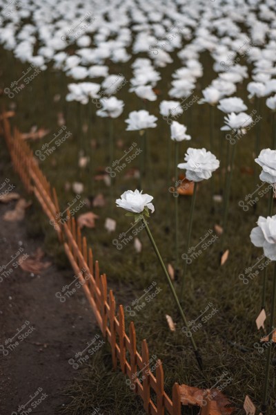 A field of artificial white flowers with a small wooden fence.