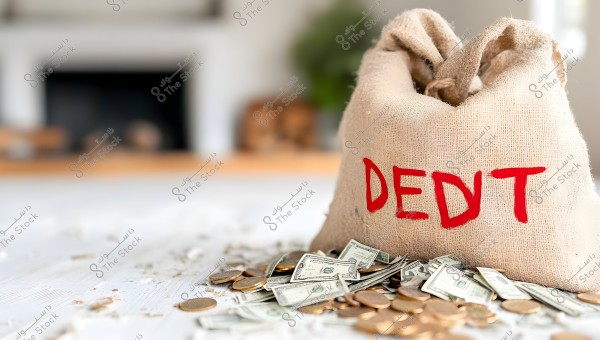 Image showing a burlap sack with \"DEBT\" written on it in red. The bag is slightly open with paper bills and coins scattered across the floor. The background is blurred, appearing to be part of a room with some furniture.