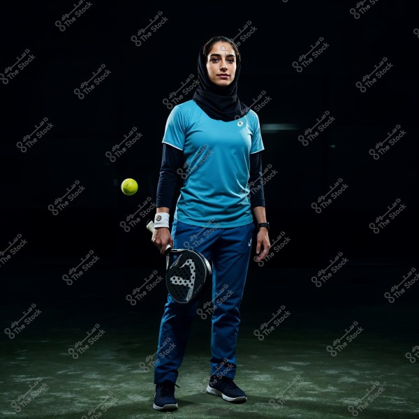 A sporty portrait in a dark paddle court. The woman is wearing a black hijab, a blue shirt, and blue athletic pants, holding a paddle racket. A yellow ball is suspended in the air beside her, highlighting her athletic posture and readiness.