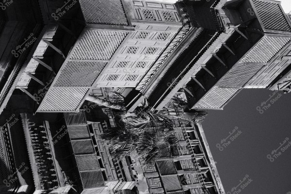 صورة لواجهة مبنى تقليدي ذو تصميم معماري مميز في الأسود والأبيض, تظهر بها نوافذ خشبية مزخرفة وشجرة نخيل.