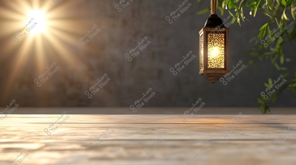 A hanging metal lantern with an illuminated intricate design dangles from above, prominently featured against a gray wall background. The lantern lights up a wooden table beneath it, with some green foliage appearing in the top right corner. The decorative patterns on the lantern blend elegance with geometric details.