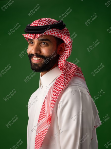 رجل يرتدي الثوب العربي التقليدي والغترة الحمراء يقف مبتسمًا أمام خلفية خضراء.