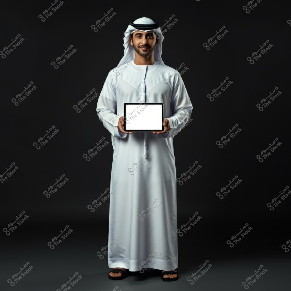 Portrait of a man wearing traditional Gulf attire, including a white thobe, white ghutra, and agal, holding a tablet with a blank white screen in his hands, set against a black background.