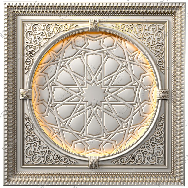 صورة لمربع مزخرف يتضمن تصميم هندسي معقد في الوسط يشبه الزخارف الإسلامية. الإطار الخارجي يحتوي على نقوش وزخارف نباتية. الإضاءة تضفي بريقًا دافئًا على الجوانب الداخلية الدائرية للتصميم.