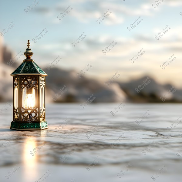 فانوس رمضاني تقليدي مزخرف باللون الذهبي والأخضر, مضاء على سطح رخامي, مع منظر خلفي ضبابي للصحراء أو الجبال تحت السماء الزرقاء الفاتحة.
