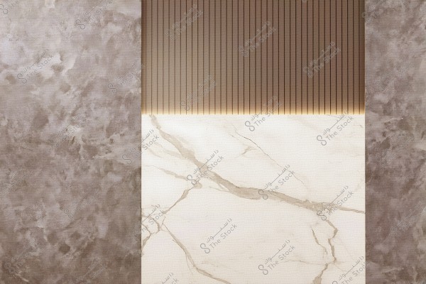 The image shows a modern interior design of a wall with elegant details. The left side of the wall features a textured gray surface with a marbled effect, while the lower middle part is covered with white marble with distinct gray veins. The upper middle section consists of vertical brown panels accented with soft lighting. The variety in materials and colors creates a sophisticated ambiance.