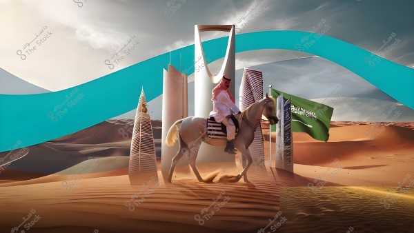 صورة تظهر شخصًا يرتدي الزي السعودي التقليدي, جالسًا على حصان في وسط صحراء واسعة. في الخلفية تظهر معالم شهيرة من المملكة العربية السعودية مثل برج المملكة وشعارات معمارية أخرى, مع العلم السعودي يرفرف بجانبها. السماء زرقاء وتظهر السحب بشكل خفيف.