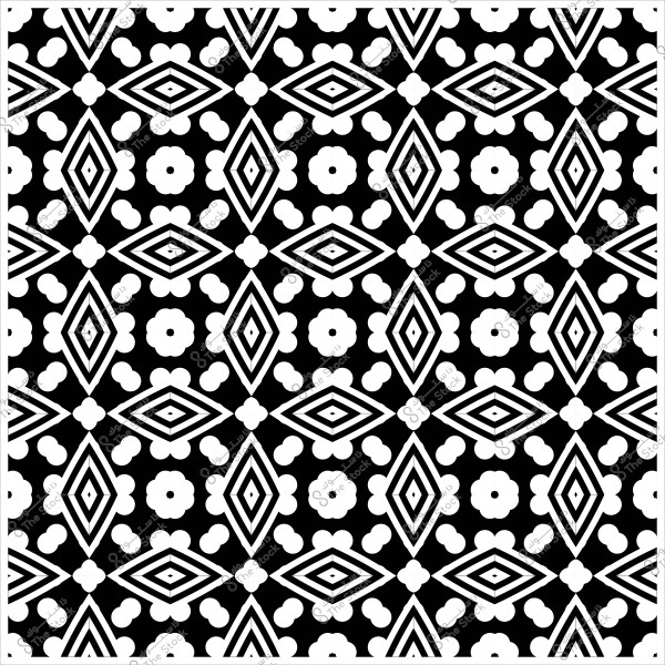 نمط زخرفي بالأبيض والأسود يحتوي على أشكال هندسية وزهور متناظرة.