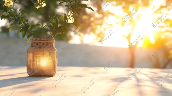 An image showing a bamboo vase placed on a wooden surface, containing a branch with small white flowers and green leaves. The lighting is soft, and the background suggests a sunny ambiance with tree shadows.