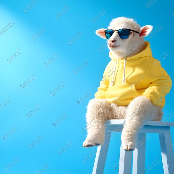 The image depicts a sheep wearing sunglasses and a yellow hoodie sitting on a blue wooden stool. The background is a clear blue, highlighting the unique and creative design of the image.