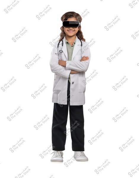 A person wearing a white medical coat with a stethoscope around the neck and virtual reality goggles, smiling and standing against a white background. Appears to be wearing a shirt under the coat, dark pants, and white shoes.