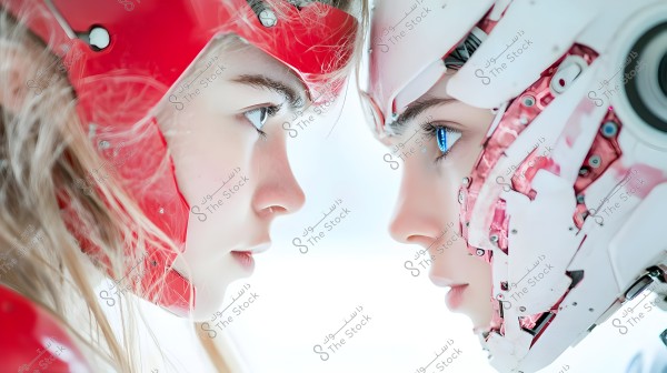 A side profile of two individuals facing each other. The person on the left is wearing a shiny red helmet covering most of the head, while the person on the right features an android face with white and pink colors and various mechanical details. The design reflects a futuristic and advanced technology style.