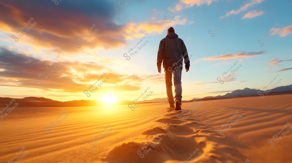 Image of a person walking in a desert during sunset. The sky is filled with clouds tinged with yellow and orange hues, and the sun is setting behind mountains on the horizon. The sand displays warm colors, and the person is wearing winter clothing.