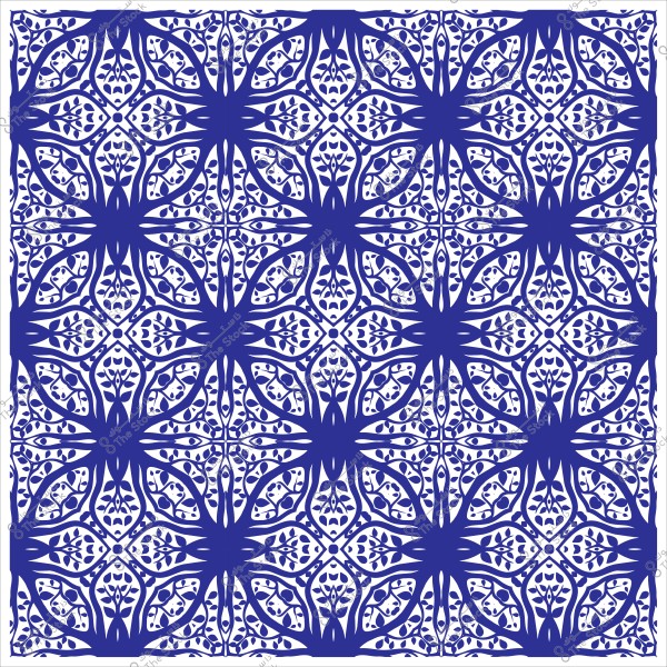 نمط زخرفي أزرق وأبيض مع تصاميم نباتية مكررة.