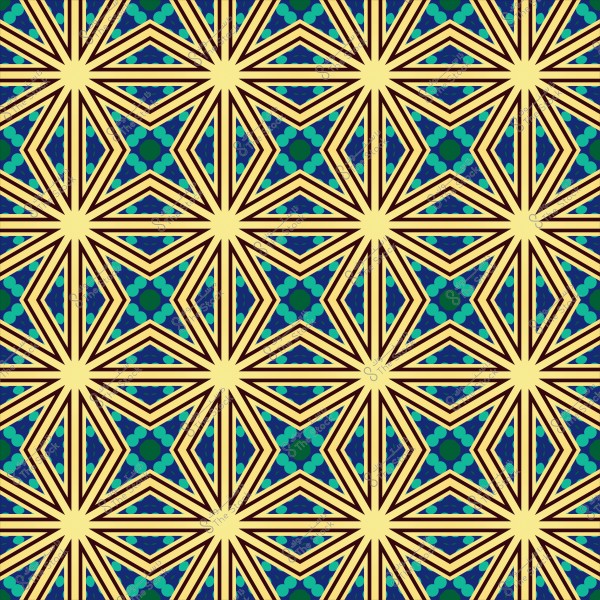 Geometric decorative pattern with star shapes and geometric designs in blue and beige colors.