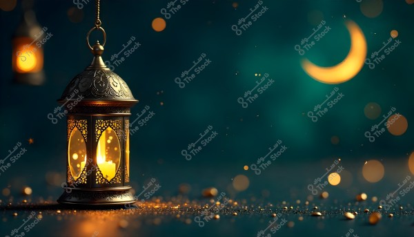 An illuminated ornate metal lantern hanging against a dark, shimmering background, with a glowing crescent moon in the sky beside it. The image evokes the spirituality and warmth of Ramadan or Islamic celebrations.