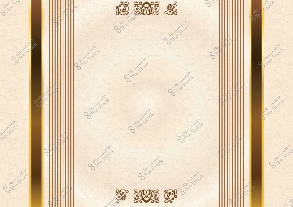 Background with Arabic motifs, featuring vertical gold and black lines on the right and left. Ornamental designs are present at the top and bottom. The main color of the background is beige with subtle circular patterns.