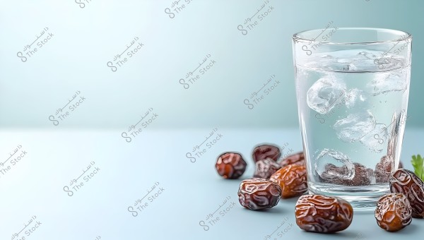 The image features a glass filled with water and ice placed on a light blue surface. Next to the glass, several brown dates are scattered randomly. The background is a light blue color, creating a sense of calm and refreshment.