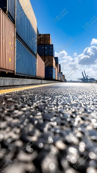 A row of shipping containers in various colors lined up on the dock, with a focus on the foreground details where the road is wet and reflects the sunlight. In the background, large cranes are visible under a partly cloudy blue sky.