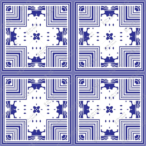 صورة لأربعة بلاطات خزفية مزخرفة بتصميم هندسي. تحتوي كل بلاطة على نمط متناسق بلون أزرق ودرجات من الأبيض. النمط يشمل أشكالًا مربعة متكررة وزخارف هندسية معقدة وزهور في المنتصف.