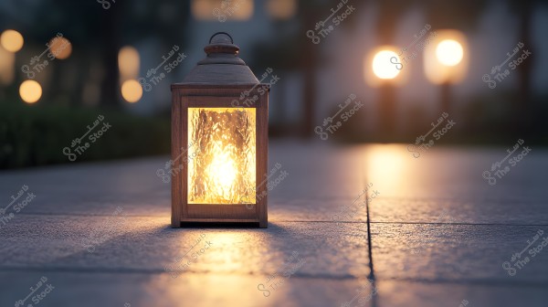 A traditional wooden lantern with a warm glow sitting on a tiled surface, surrounded by a blurred background of faint lights and trees, creating a peaceful and calming atmosphere.