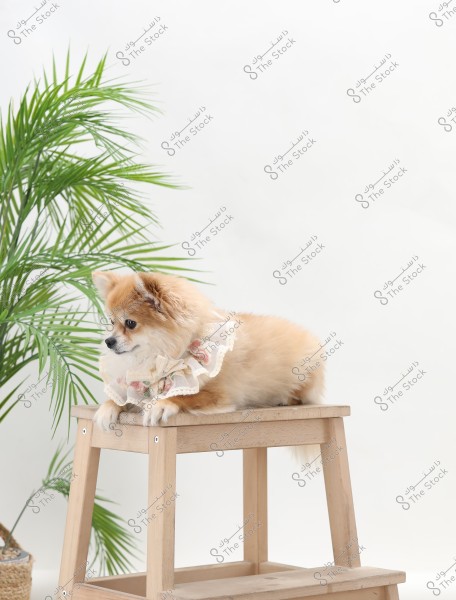 The image shows a small dog with brown and white fur lying on a wooden stool. The dog is wearing a lace decorative collar adorned with flowers. Next to the dog is a green decorative plant in a wicker pot, and the background is white.