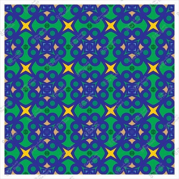 Geometric decorative pattern with blue and green colors and yellow star shapes.