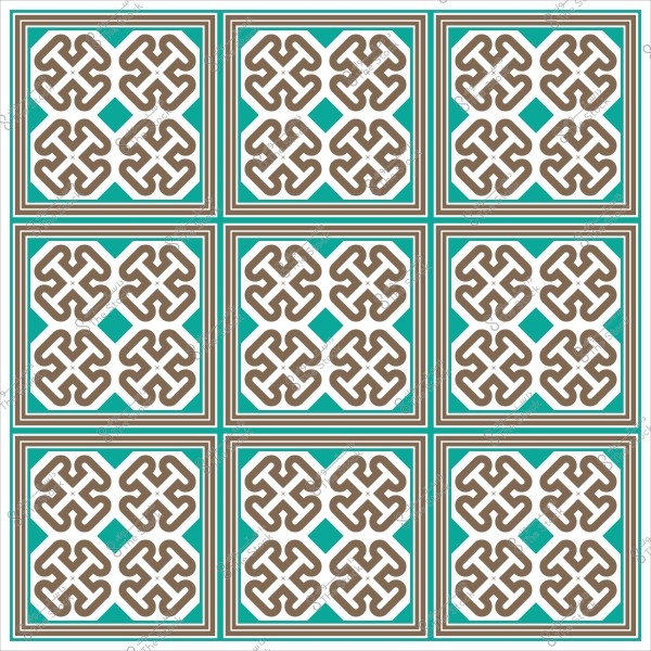 تصميم بلاط مزخرف بألوان البني والأزرق مع أنماط هندسية متكررة.