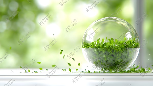A transparent glass sphere containing small green leaves placed on a white surface. The leaves are scattered on the surface and around the sphere, with a blurred green background providing a natural, environmental feel.