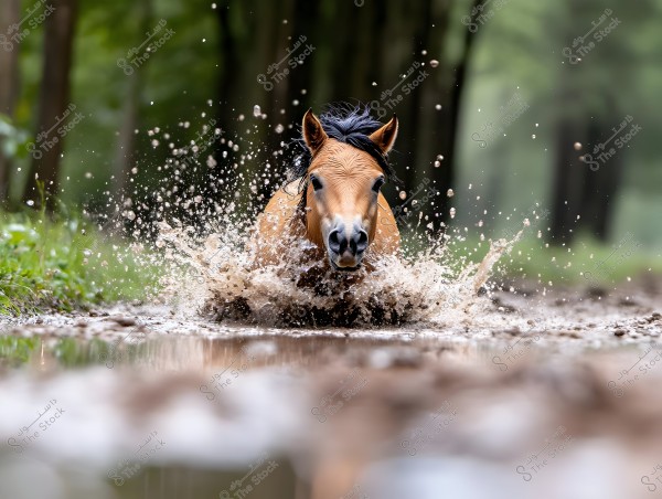 A brown horse running through a puddle of water in a forest, with water and mud splashing around it as it moves swiftly, the background shows blurred green trees.