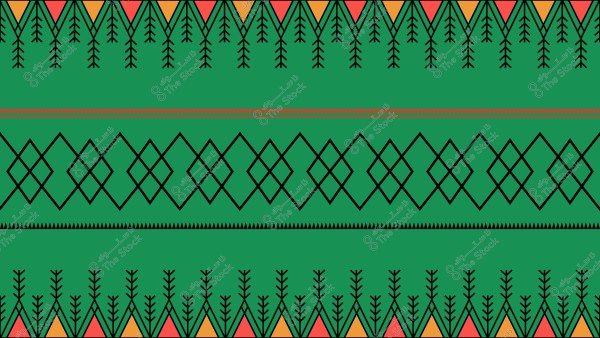 نمط تقليدي مزخرف بخلفية خضراء, يحتوي على تصميمات هندسية مكونة من خطوط سوداء متشابكة على شكل معينات متكررة, مع إضافات زخرفية بأشكال مثلثة حمراء وبرتقالية في الأعلى والأسفل, ويبدو التصاميم مستوحاة من الفنون الشعبية.