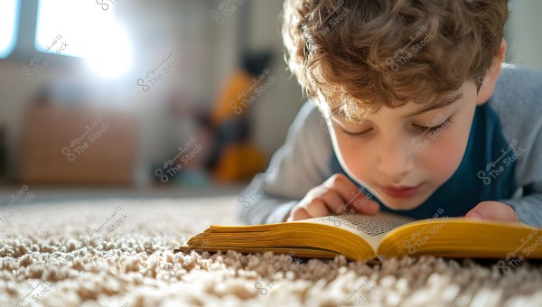 طفل جالس على الأرض يقرأ كتابًا مفتوحًا. الإضاءة خافتة مع ضوء الشمس يتسرب عبر النافذة في الخلفية, مما يجعل الغرفة تبدو دافئة ومريحة. السجادة ذات وبر ناعم والطاولة بها ظلال غير واضحة.