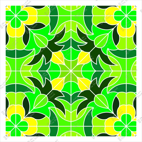 تصميم فسيفساء هندسي متماثل يحتوي على أنماط نباتية وزهور بألوان خضراء وصفراء داكنة وفاتحة, مما يعطي إحساساً بالتناغم والتوازن البصري.

-