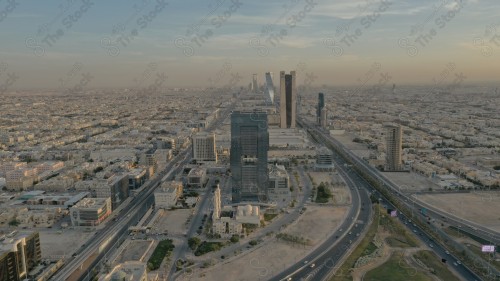 An aerial view of the capital, Riyadh, showing cloudy sky during the day, the towers in the city of Riyadh