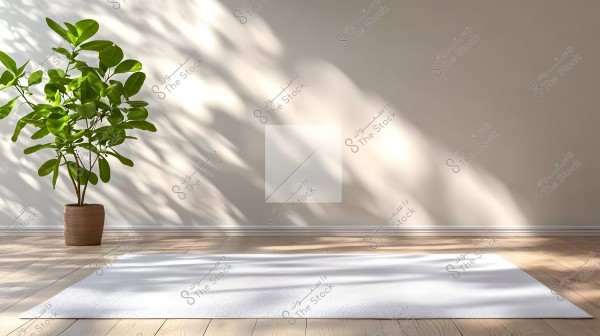 The image shows a corner of a room with minimalist decor, featuring a green plant in a brown pot on a wooden floor. Beside the plant is a white rug covering the lower part of the image. Natural light enters from an unseen window, casting wavy shadows on the white wall.