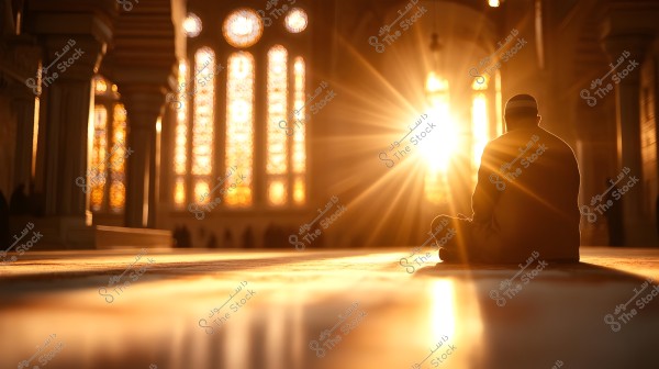 An image of a man sitting in a meditative or prayer position inside a mosque, with the sun\'s rays streaming through large stained glass windows, giving the space a warm golden glow. The interior architecture of the mosque with its ornate columns and grandeur is visible.