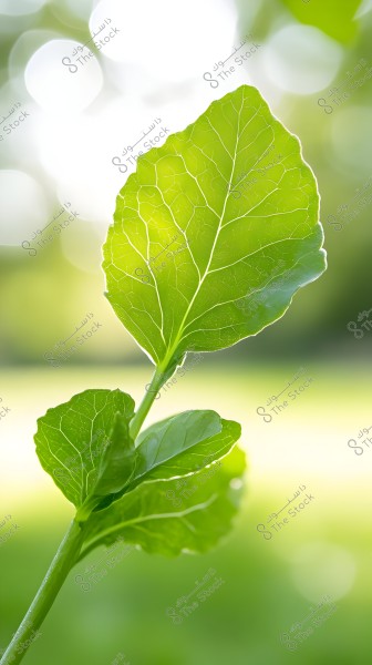 The image shows a green plant leaf illuminated by sunlight from behind, giving it a translucent glow. Other leaves are less distinct against the softly blurred green background.