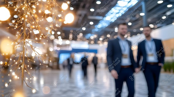 An indoor blurry image of an event or exhibition with two individuals in formal suits standing on the right side of the frame. In the foreground, there are branches with small lights, creating an aesthetic touch to the setting.
