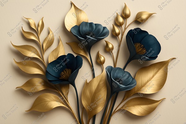 An image displaying an artistic design of golden leaves and dark-colored flowers. The flowers are deep blue, and golden botanical leaves spread in various directions on a neutral beige background.