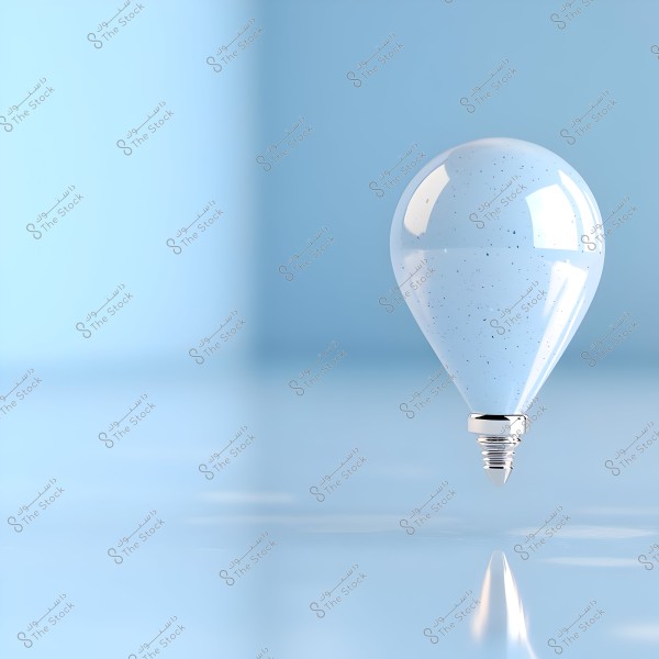 Image depicting a transparent balloon in the shape of a light bulb with a light blue hue floating in an open blue space. The surface of the bulb reflects light brightly, adding a touch of sheen.