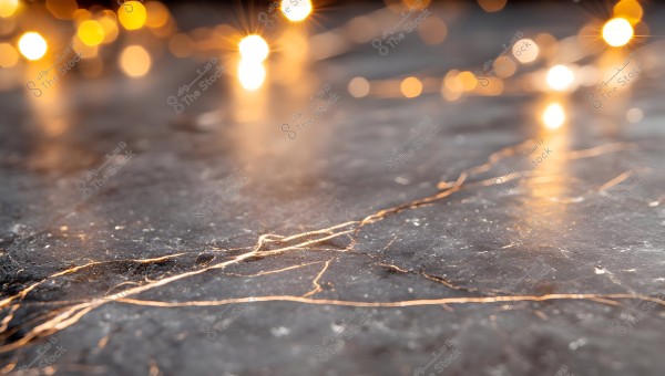 A shiny gray marble surface with golden streaks running across it. The image also features glowing bokeh lights in the background, creating a warm and inviting atmosphere.