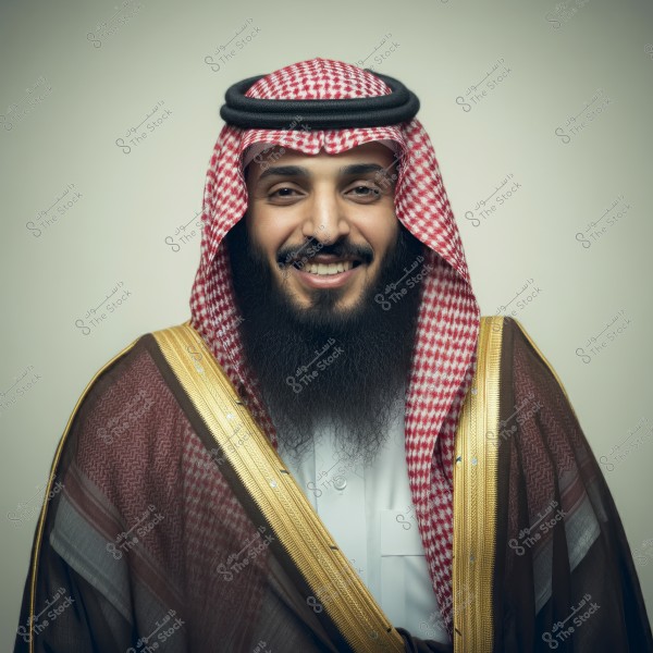 The image is a portrait of a man wearing traditional Saudi attire, which includes a red and white keffiyeh and a black agal, along with a brown bisht embroidered with gold. The man is smiling, and the background is plain with a neutral color.