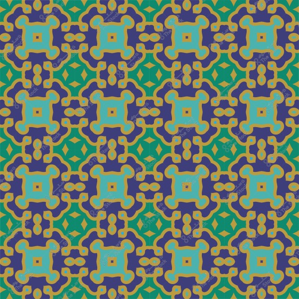 Repeating decorative pattern with geometric shapes in blue, green, and purple colors.