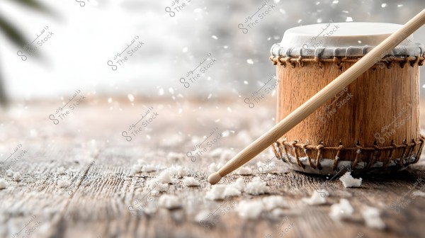 Image of a traditional Japanese drum, made of wood with a white stretched skin on top, placed on a wooden surface. A drumstick is positioned diagonally beside the drum, with snowflakes drifting in the air and scattered around the drum on the surface.