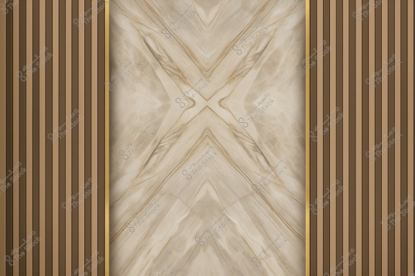 Image of a section of a wall with a luxurious design combining marble and wood. In the center, there is a beige marble design with swirling lines forming a symmetrical pattern, bordered by a gold frame. On the sides, there are vertical dark brown wooden panels.