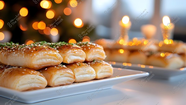 An image showing a plate filled with delicious pastries glazed with honey or syrup. The pastries are garnished with sprinkles of pistachio and sesame seeds. The background features warm white lights and decorations resembling lit candles, adding a cozy ambiance and a blurred background.