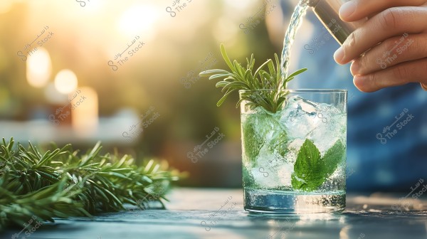 An image of a hand holding a bottle pouring a liquid into a glass containing ice cubes, mint leaves, and sprigs of rosemary. Sunlight is visible in the background, creating a warm and refreshing atmosphere. Some rosemary sprigs are seen on the table.