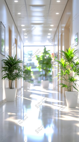 A brightly lit indoor corridor with modern ceiling lights and green plants in white pots placed on both sides. The reflective floor casts light and shadows of the plants, and the corridor leads to a large window at the end.