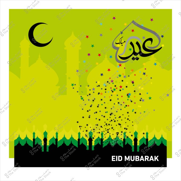 تصميم ملون لتهنئة عيد الأضحى مع هلال ونجوم ومسجد.