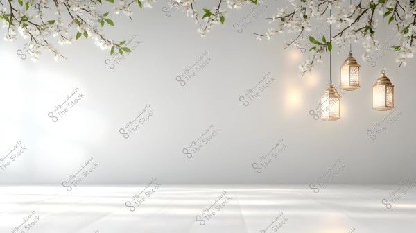 A scene featuring three ornate lanterns hanging on the right, illuminating a simple white background. At the top, small white flowers with green leaves extend from the upper corner.